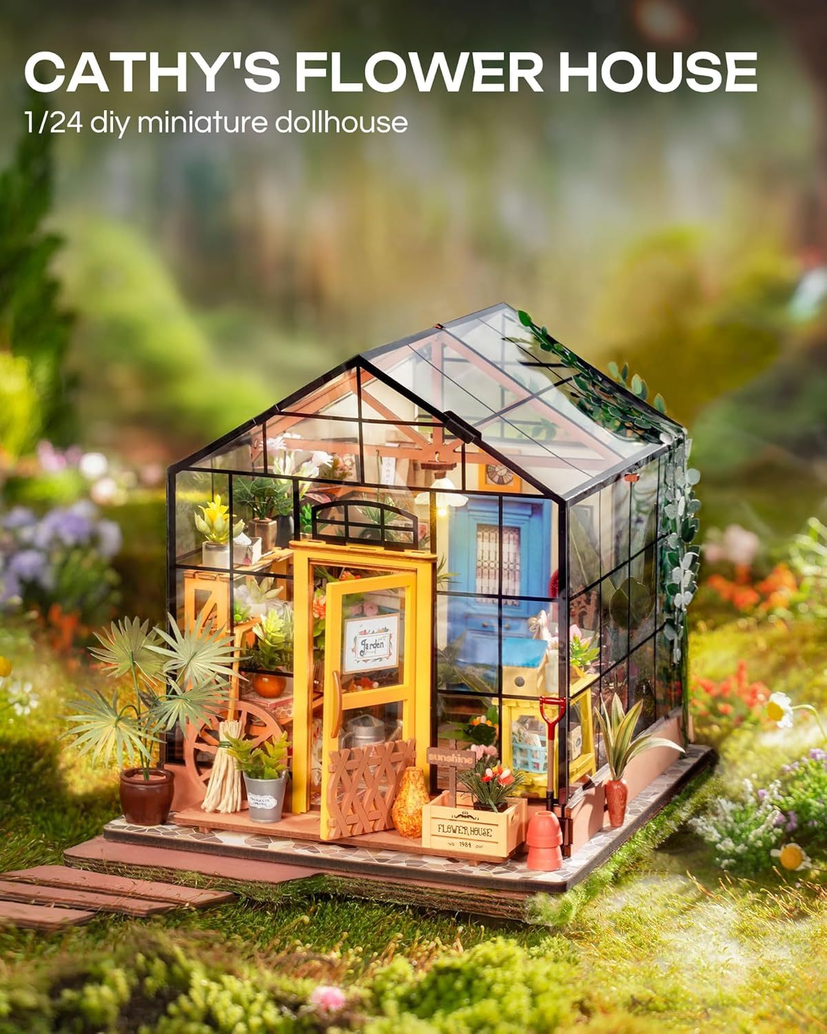 ROBOTIME DIY Miniature Greenhouse Model Kit - Cathy's Flower House: A DIY Miniature Dream. Wooden Dollhouse Model DG104