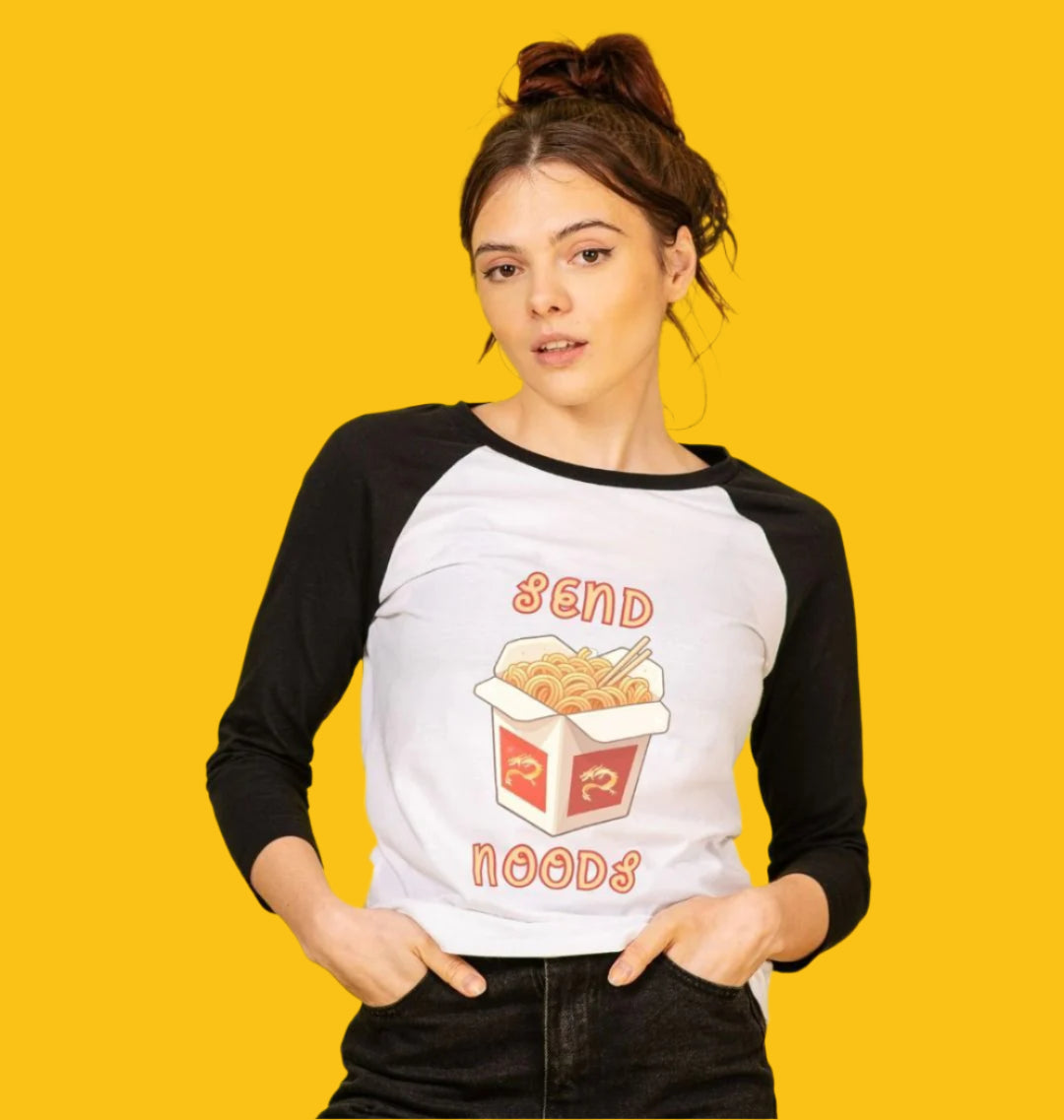 Noodle Around in Style in this 'Send Noods' Organic Cotton Women's Baseball T-shirt: A Playful Pun