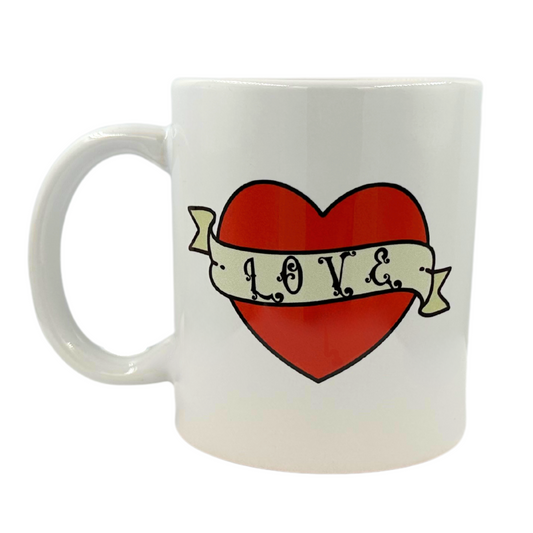White 11 oz Ceramic Two-Faced Mug with Fun 'Love / Hate' Heart Tattoo Style Print