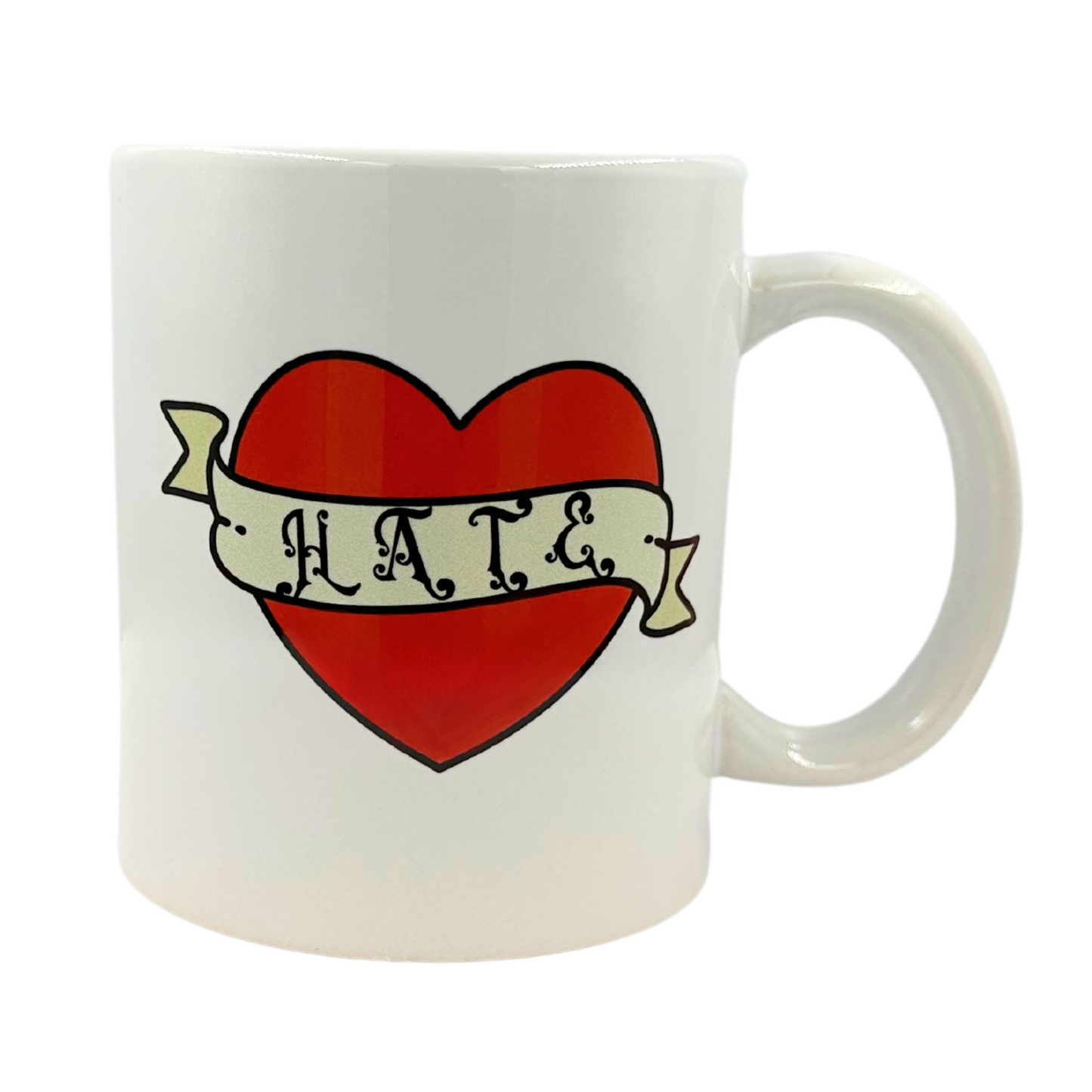 White 11 oz Ceramic Two-Faced Mug with Fun 'Love / Hate' Heart Tattoo Style Print