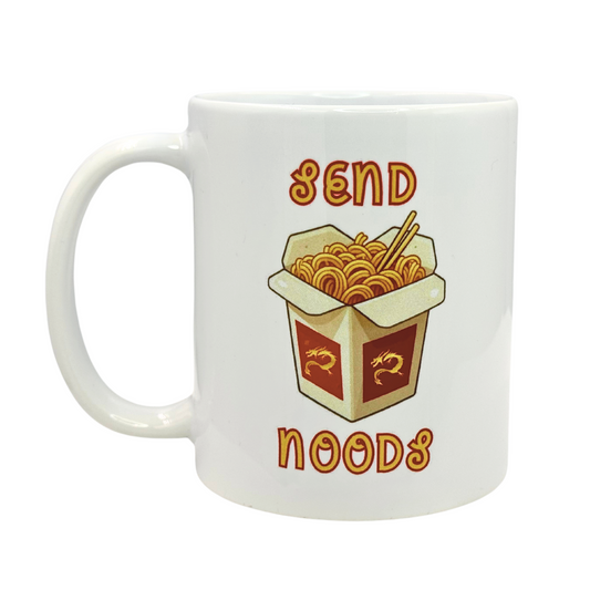 White 11 oz Ceramic Mug with Funny Punny 'Send Noods' Design