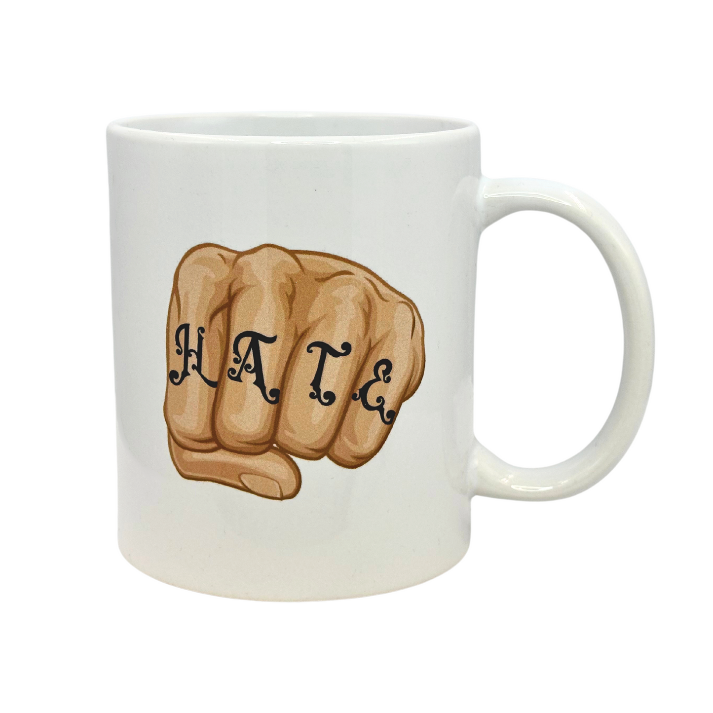 White 11 oz Ceramic Two-Faced Mug with Fun 'Love / Hate' Tattooed Hands Print