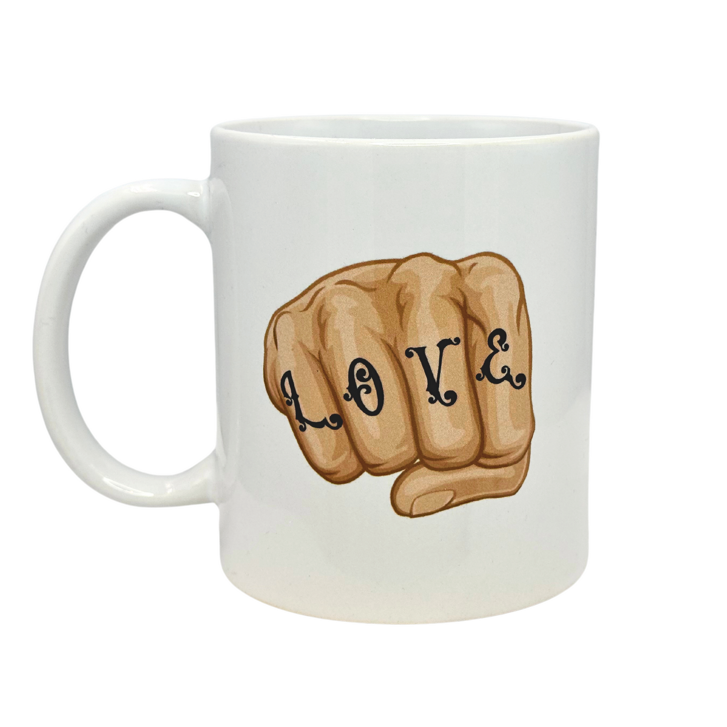 White 11 oz Ceramic Two-Faced Mug with Fun 'Love / Hate' Tattooed Hands Print