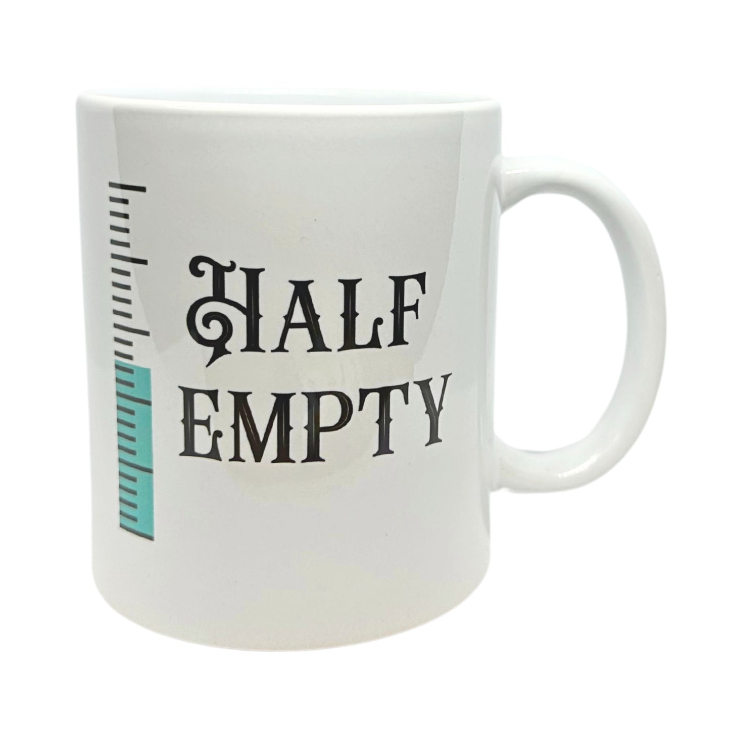 White 11 oz Ceramic Two-Faced Mug with Fun 'Half Full/ Half Empty' Print