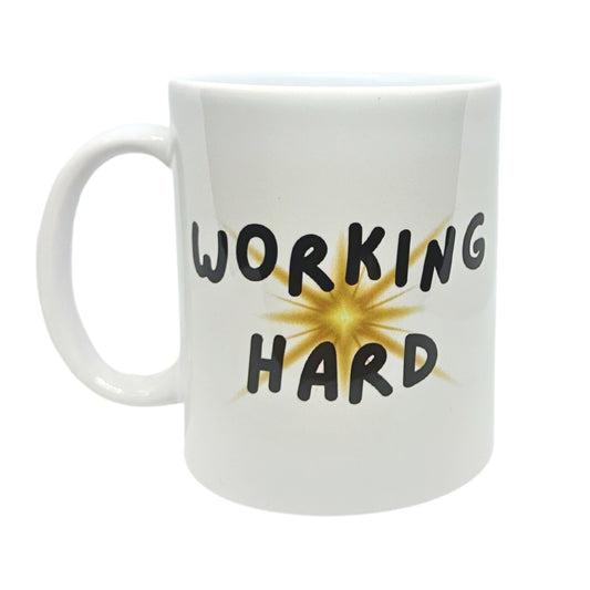 White 11 oz Ceramic Two-Faced Mug with Fun 'Working Hard/ Hardly Working' Print