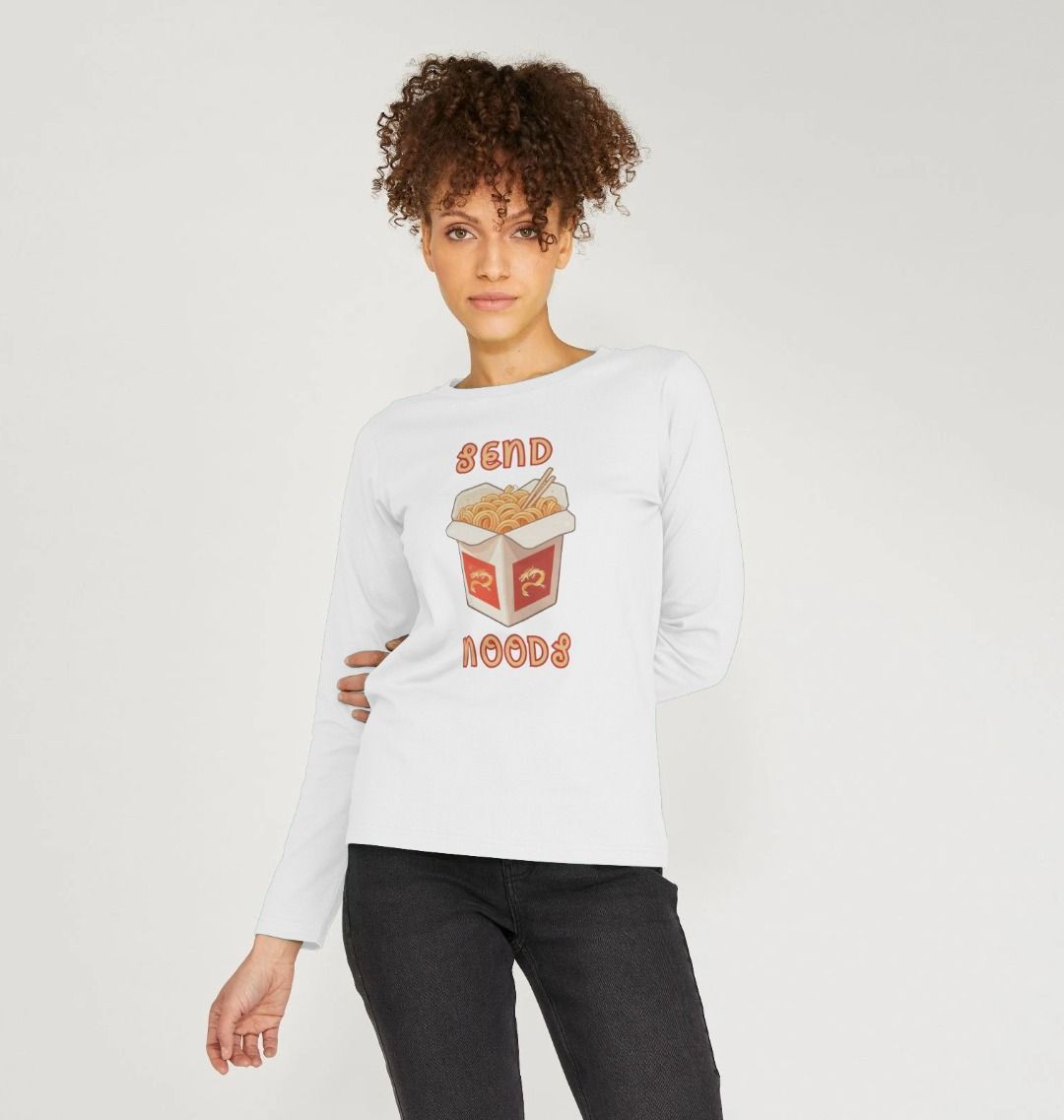 Noodle Around in Style in this 'Send Noods' Organic Cotton Long Sleeved T-Shirt for Women: A Playful Pun