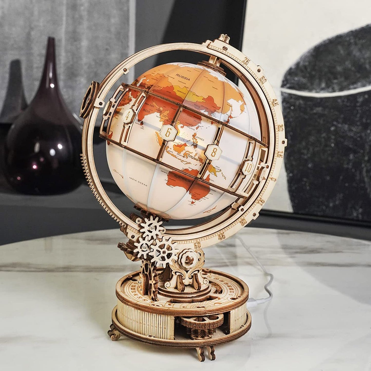 ROKR Luminous 3D Wooden Globe Puzzle - Popular 180-Piece Building Kit, Rotatable Lamp & Model