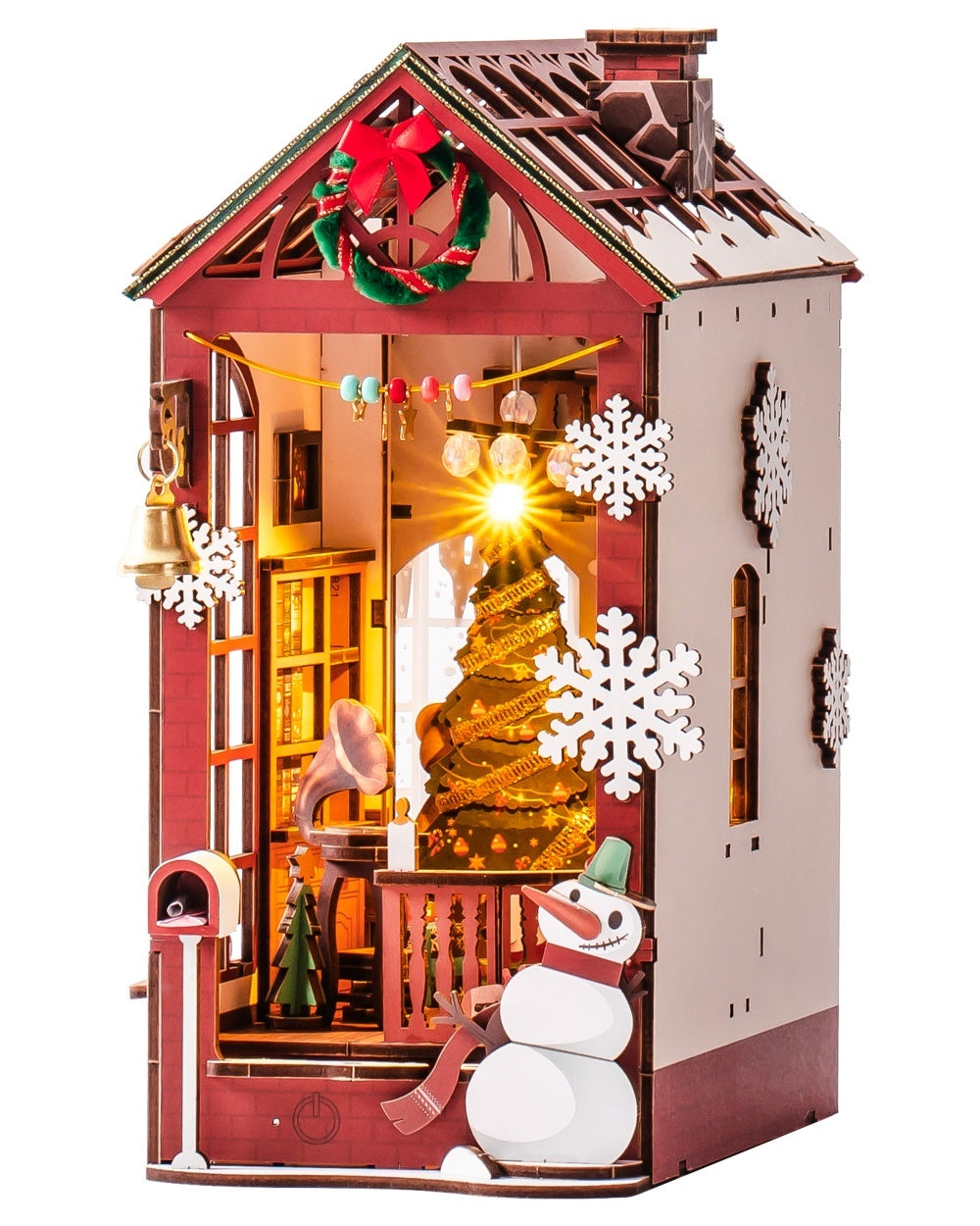 ROBOTIME DIY Christmas Book Nook Kit – Wooden Miniature Dollhouse with LED Lights | Whimsical Bookshelf Decoration & Unique Gift