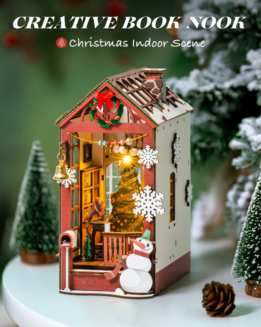 ROBOTIME DIY Christmas Book Nook Kit – Wooden Miniature Dollhouse with LED Lights | Whimsical Bookshelf Decoration & Unique Gift