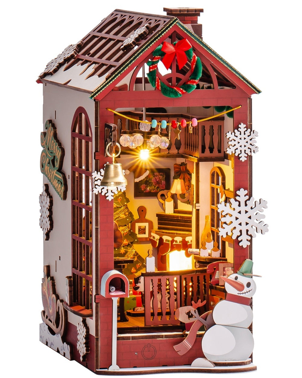 ROBOTIME DIY Christmas Book Nook Kit – Wooden Miniature Dollhouse with LED Lights | Whimsical Bookshelf Decoration & Unique Gift