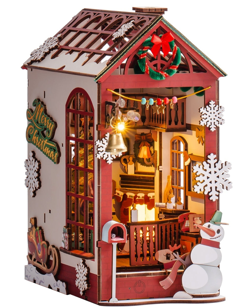 ROBOTIME DIY Christmas Book Nook Kit – Wooden Miniature Dollhouse with LED Lights | Whimsical Bookshelf Decoration & Unique Gift
