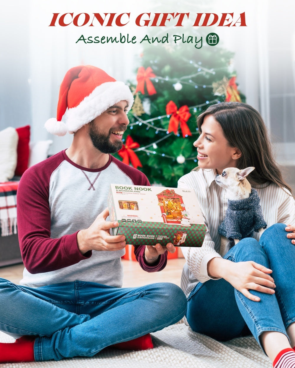 ROBOTIME DIY Christmas Book Nook Kit – Wooden Miniature Dollhouse with LED Lights | Whimsical Bookshelf Decoration & Unique Gift