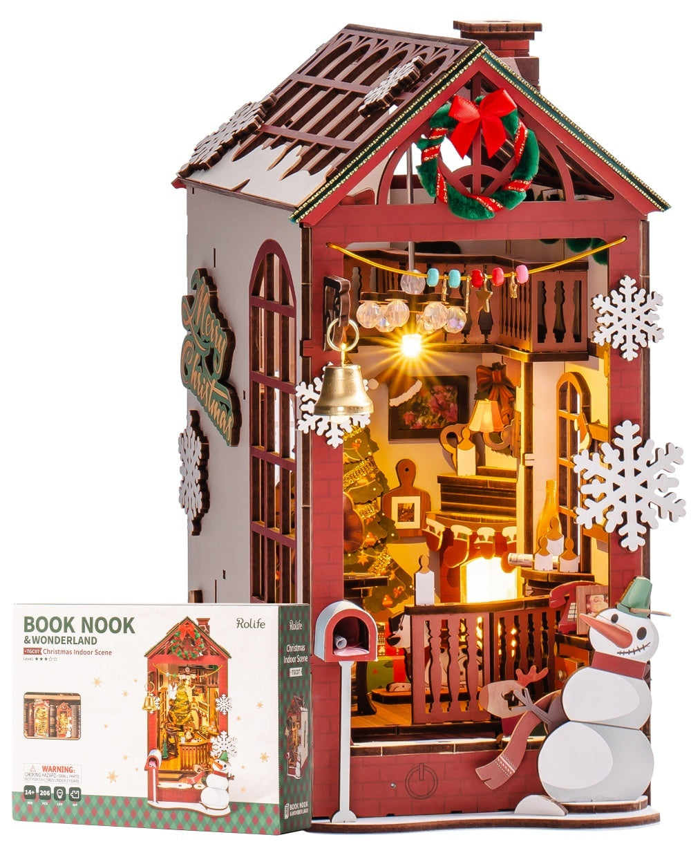 ROBOTIME DIY Christmas Book Nook Kit – Wooden Miniature Dollhouse with LED Lights | Whimsical Bookshelf Decoration & Unique Gift
