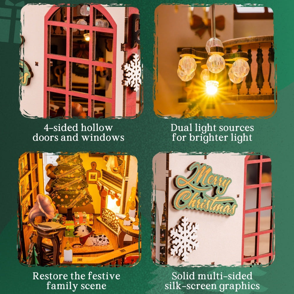 ROBOTIME DIY Christmas Book Nook Kit – Wooden Miniature Dollhouse with LED Lights | Whimsical Bookshelf Decoration & Unique Gift