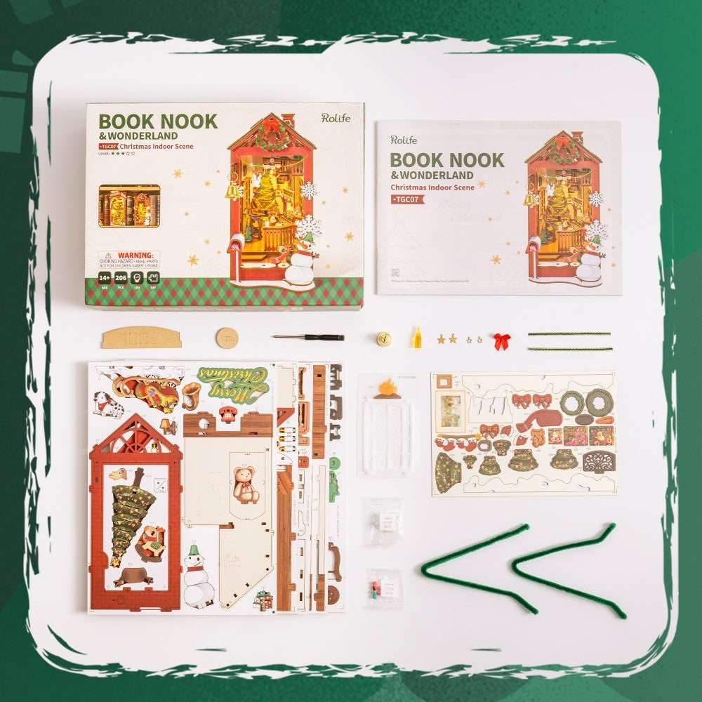 ROBOTIME DIY Christmas Book Nook Kit – Wooden Miniature Dollhouse with LED Lights | Whimsical Bookshelf Decoration & Unique Gift