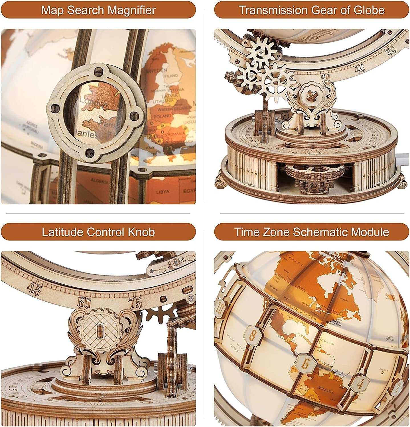 ROKR Luminous 3D Wooden Globe Puzzle - Popular 180-Piece Building Kit, Rotatable Lamp & Model