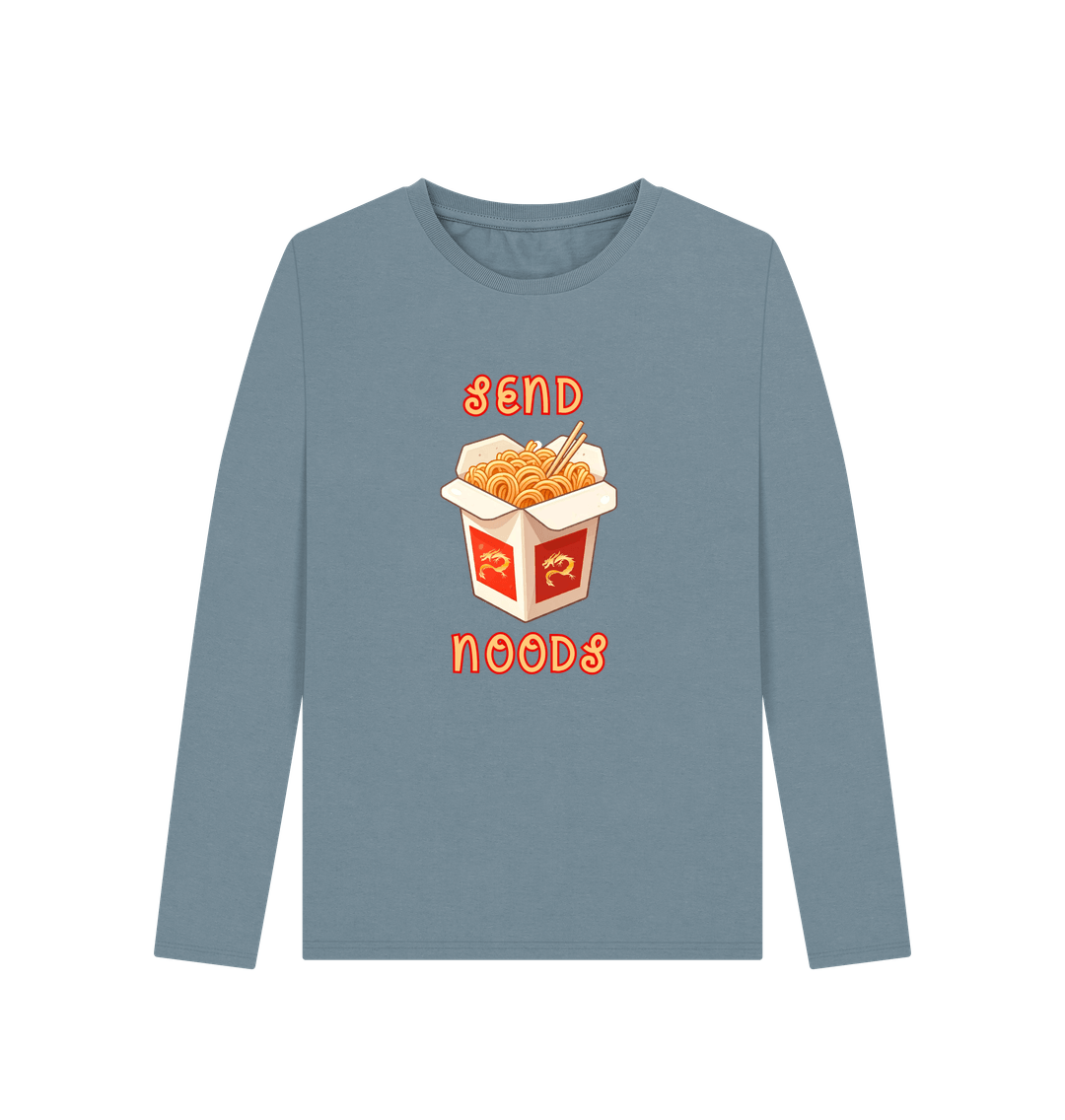 Stone Blue Noodle Around in Style in this 'Send Noods' Organic Cotton Long Sleeved T-Shirt for Women: A Playful Pun