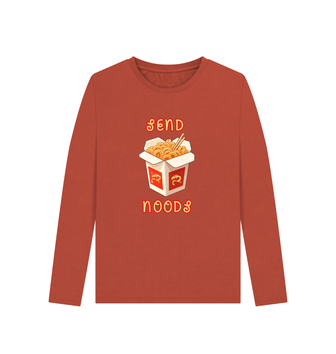 Rust Noodle Around in Style in this 'Send Noods' Organic Cotton Long Sleeved T-Shirt for Women: A Playful Pun