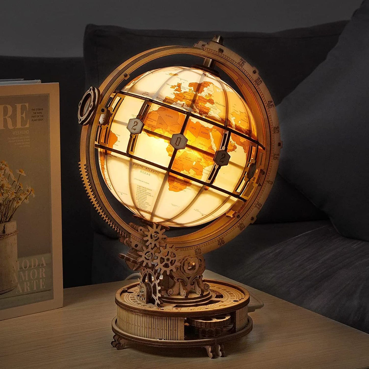 ROKR Luminous 3D Wooden Globe Puzzle - Popular 180-Piece Building Kit, Rotatable Lamp & Model