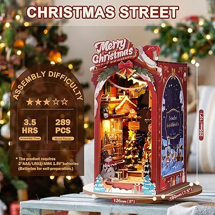 ROBOTIME DIY Miniature Dollhouse Wood Kit Book Nook Shelf Insert Kit, Christmas Street With LED Lights