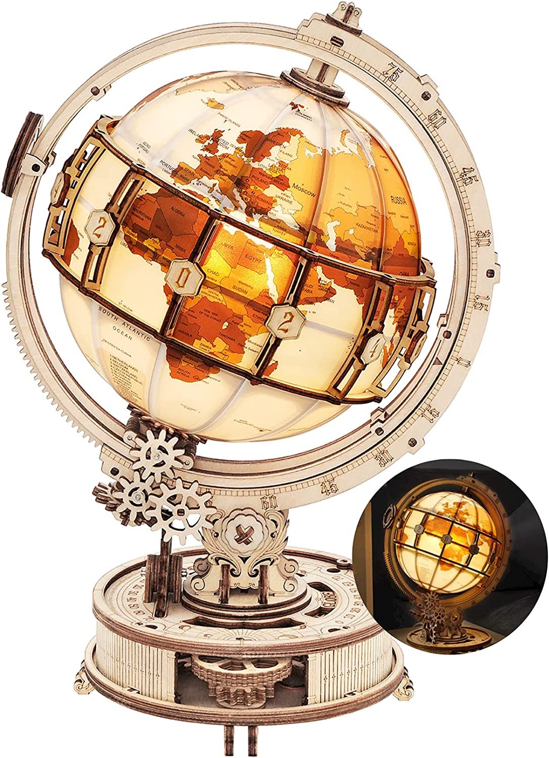 ROKR Luminous 3D Wooden Globe Puzzle - Popular 180-Piece Building Kit, Rotatable Lamp & Model