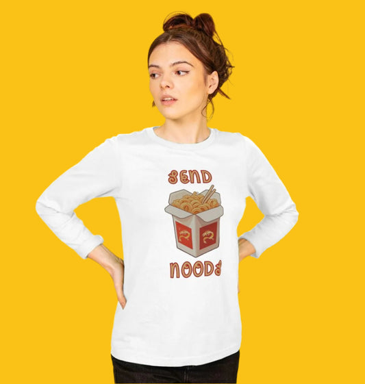 Noodle Around in Style in this 'Send Noods' Organic Cotton Long Sleeved T-Shirt for Women: A Playful Pun