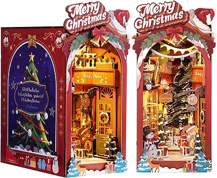 ROBOTIME DIY Miniature Dollhouse Wood Kit Book Nook Shelf Insert Kit, Christmas Street With LED Lights