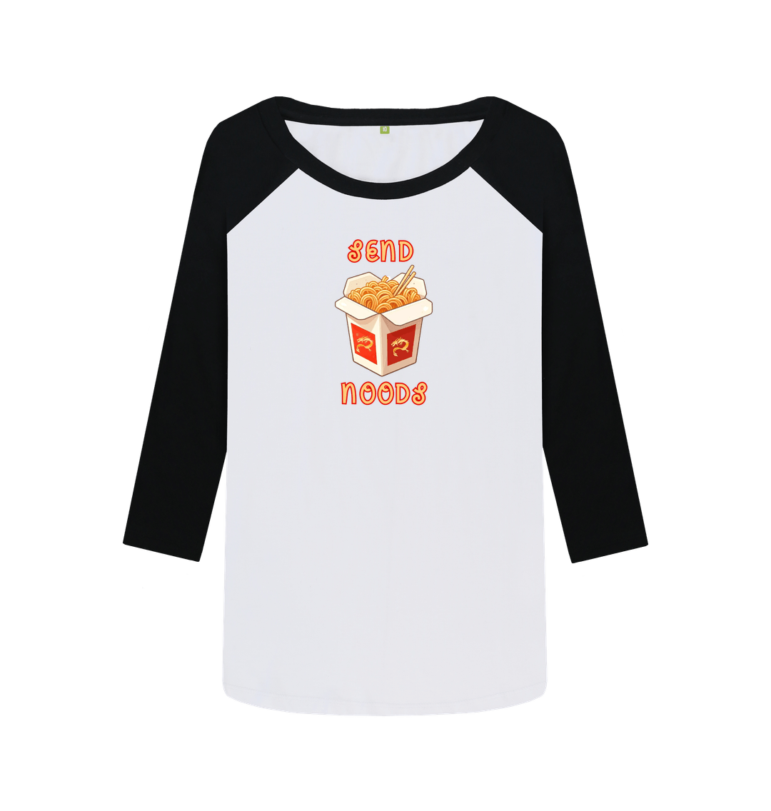 Black-White Noodle Around in Style in this 'Send Noods' Organic Cotton Women's Baseball T-shirt: A Playful Pun
