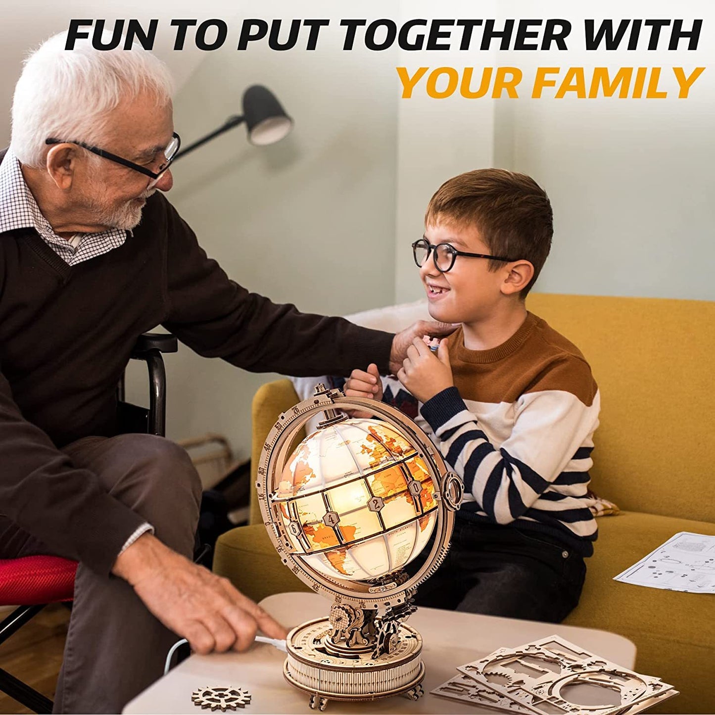 ROKR Luminous 3D Wooden Globe Puzzle - Popular 180-Piece Building Kit, Rotatable Lamp & Model