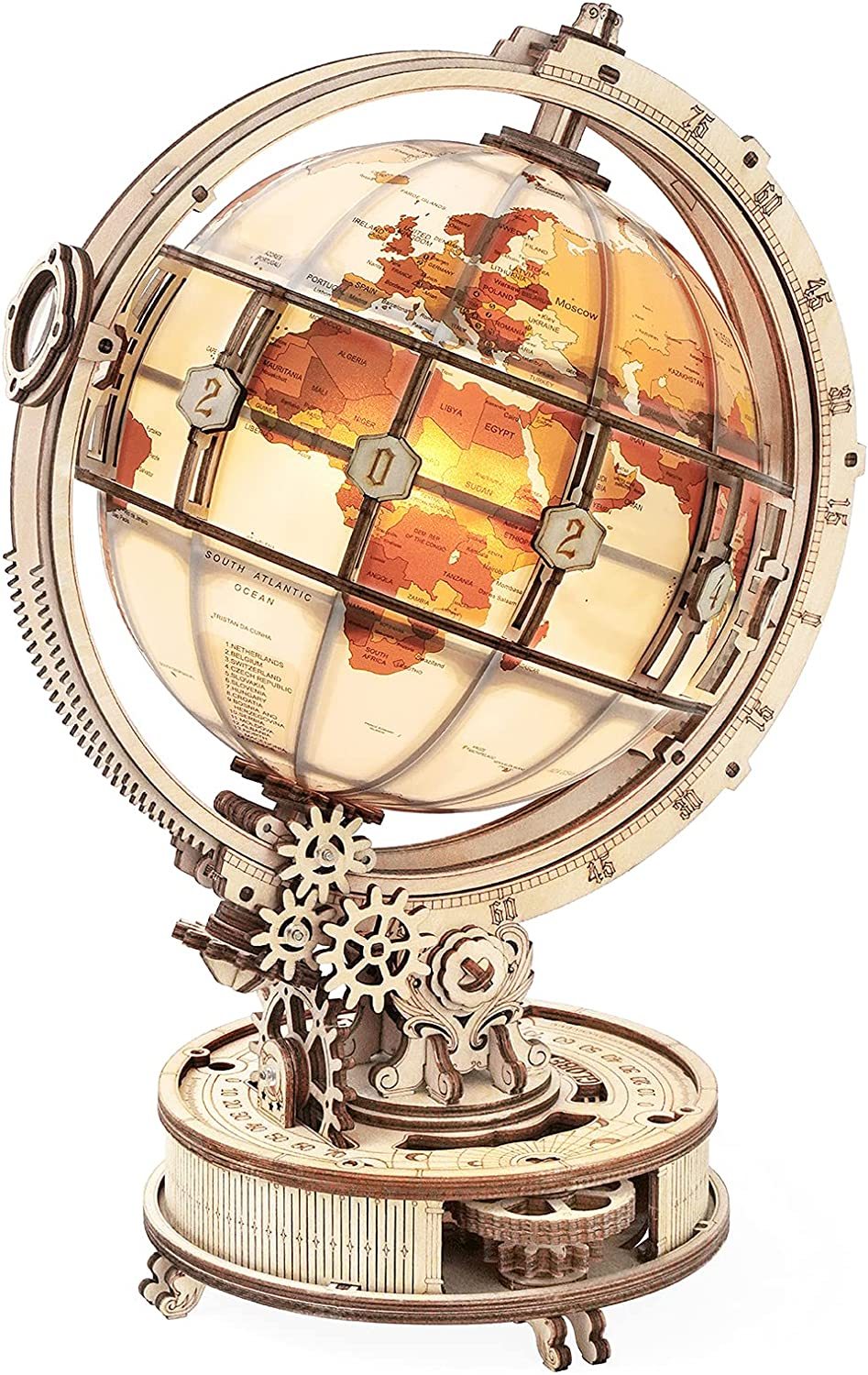 ROKR Luminous 3D Wooden Globe Puzzle - Popular 180-Piece Building Kit, Rotatable Lamp & Model