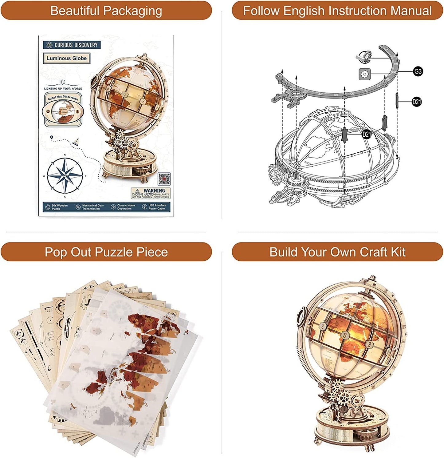 ROKR Luminous 3D Wooden Globe Puzzle - Popular 180-Piece Building Kit, Rotatable Lamp & Model