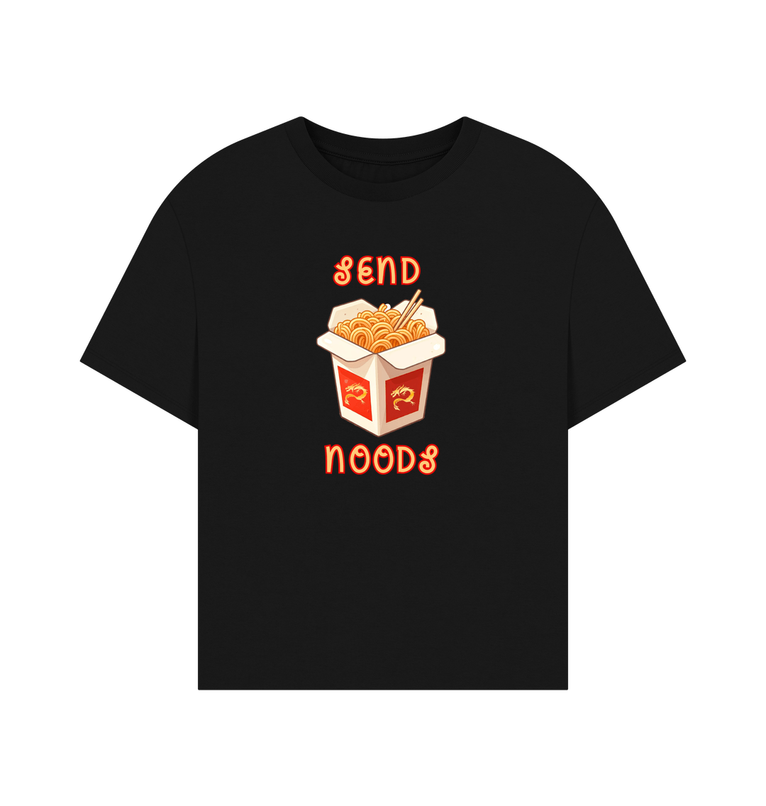 Black Noodle Around in Style in this 'Send Noods' Oversized Organic Cotton T-Shirt for Women: A Playful Pun