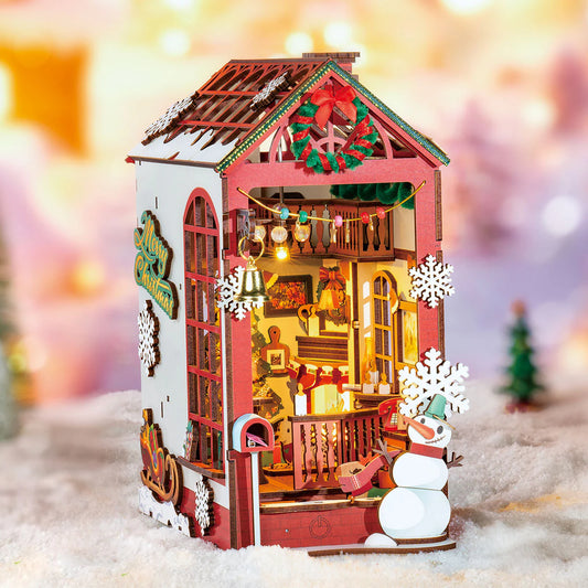 ROBOTIME DIY Christmas Book Nook Kit – Wooden Miniature Dollhouse with LED Lights | Whimsical Bookshelf Decoration & Unique Gift