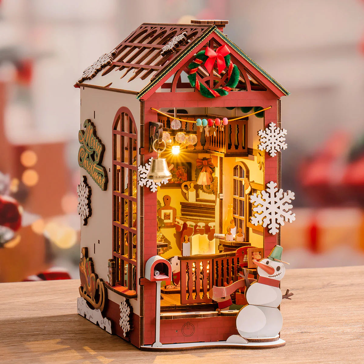 ROBOTIME DIY Christmas Book Nook Kit – Wooden Miniature Dollhouse with LED Lights | Whimsical Bookshelf Decoration & Unique Gift