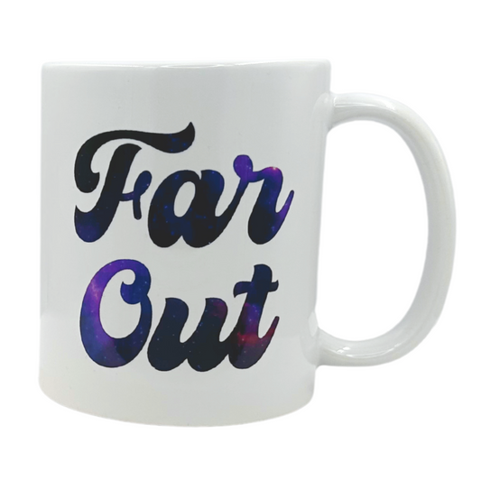 White 11 oz Ceramic Mug - 'Far Out' Retro Space Design