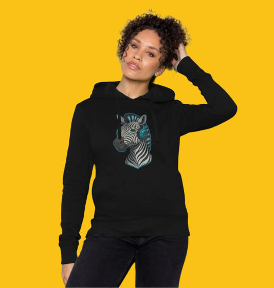 Zebra Cotton Hoodie for Women in Black