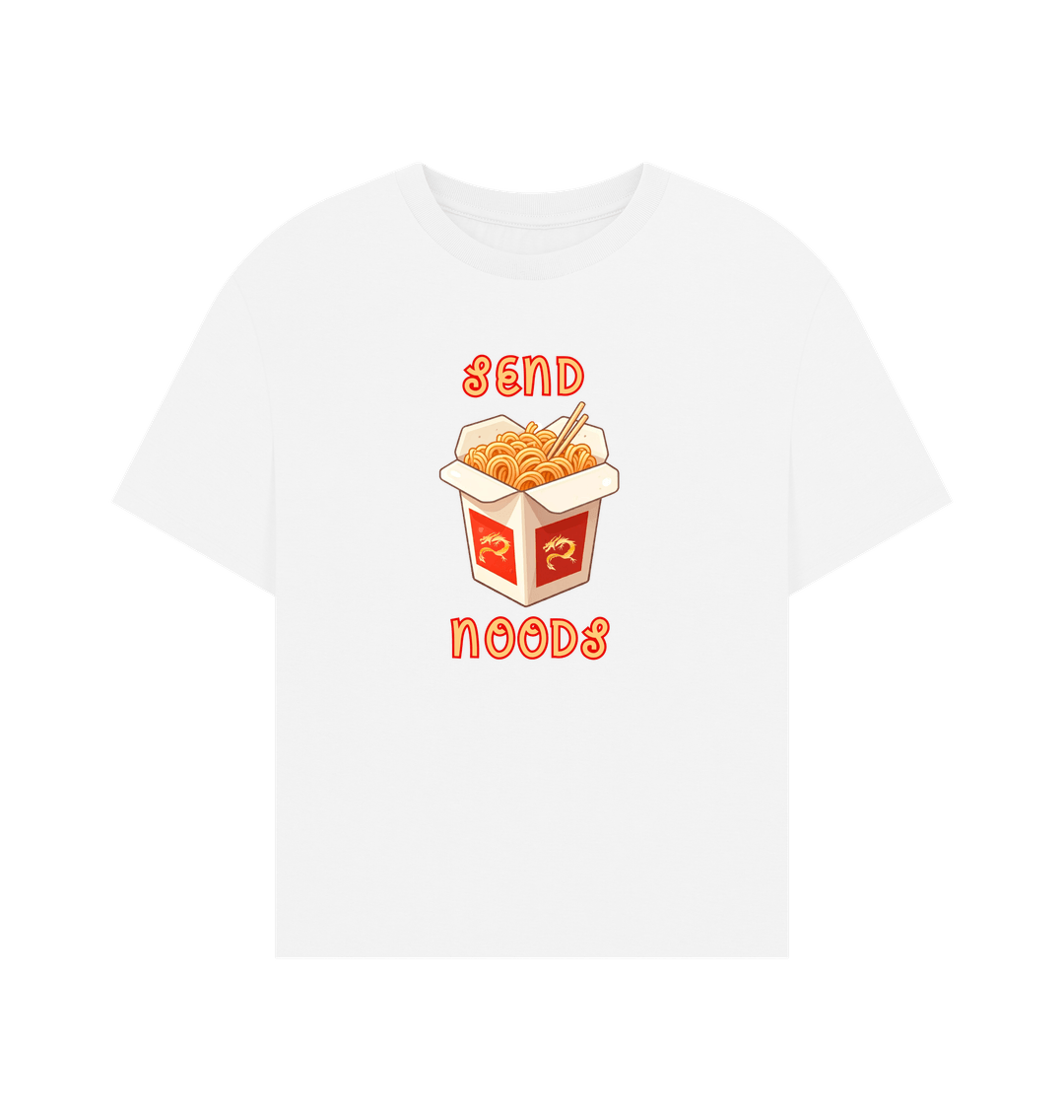 White Noodle Around in Style in this 'Send Noods' Oversized Organic Cotton T-Shirt for Women: A Playful Pun