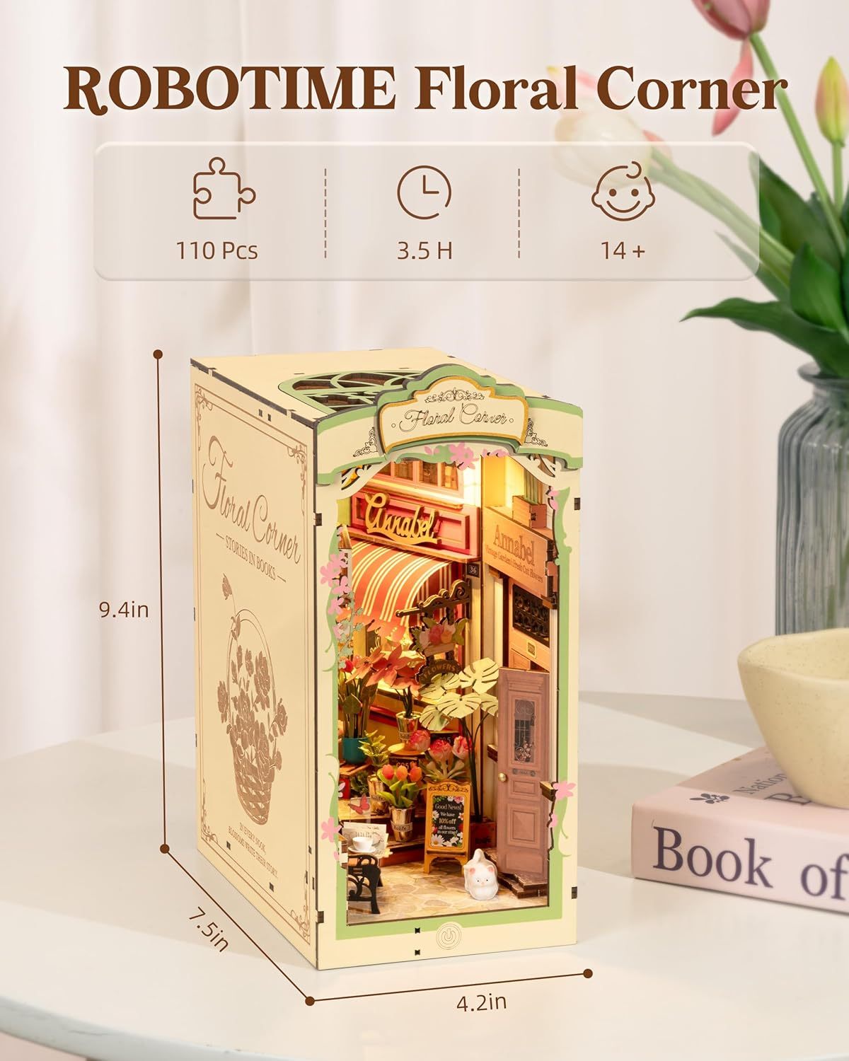 Rolife Floral Corner 3D Wooden Book Nook - DIY Miniature Flower Shop, Shelf Insert Kit, Craft Gift (TGB09)