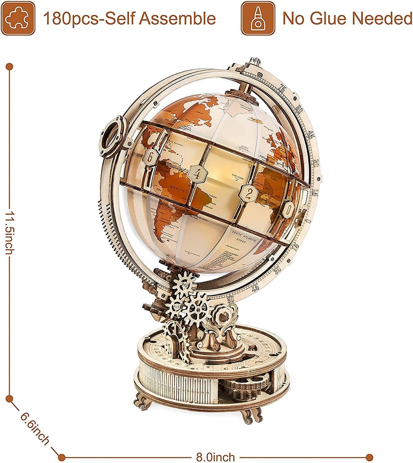 ROKR Luminous 3D Wooden Globe Puzzle - Popular 180-Piece Building Kit, Rotatable Lamp & Model