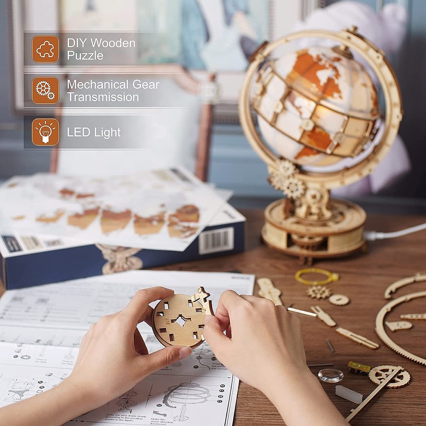 ROKR Luminous 3D Wooden Globe Puzzle - Popular 180-Piece Building Kit, Rotatable Lamp & Model
