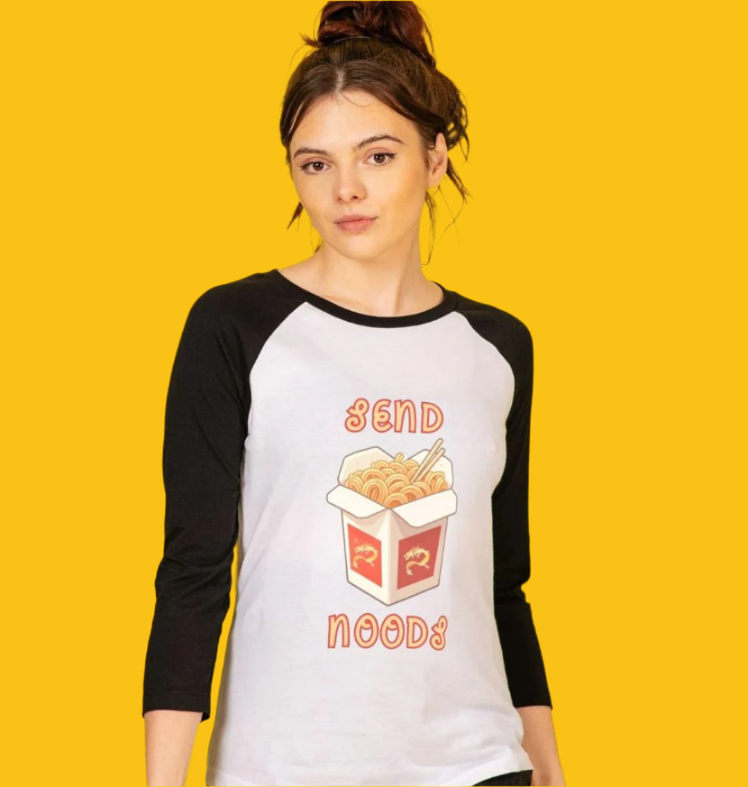 Noodle Around in Style in this 'Send Noods' Organic Cotton Women's Baseball T-shirt: A Playful Pun