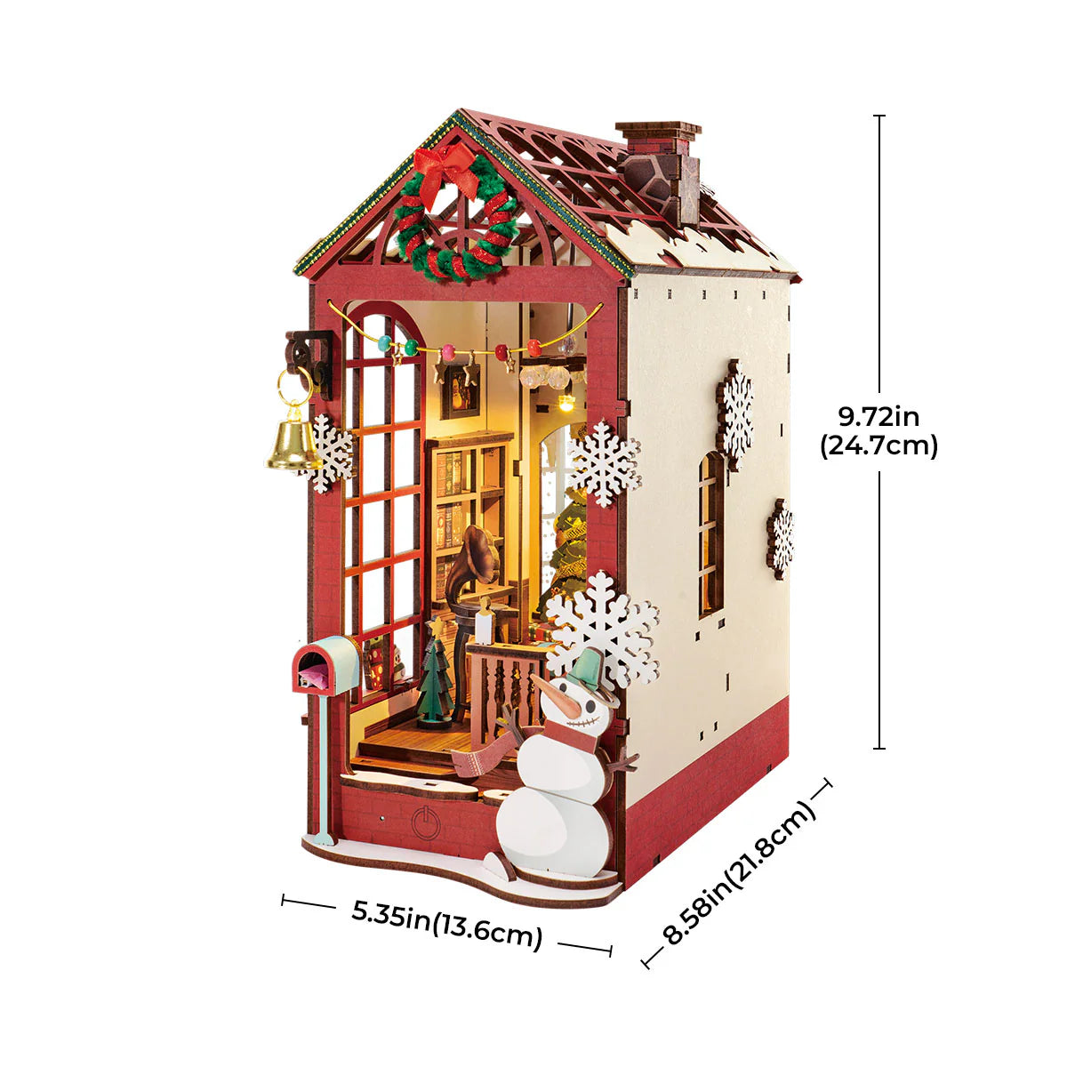 ROBOTIME DIY Christmas Book Nook Kit – Wooden Miniature Dollhouse with LED Lights | Whimsical Bookshelf Decoration & Unique Gift